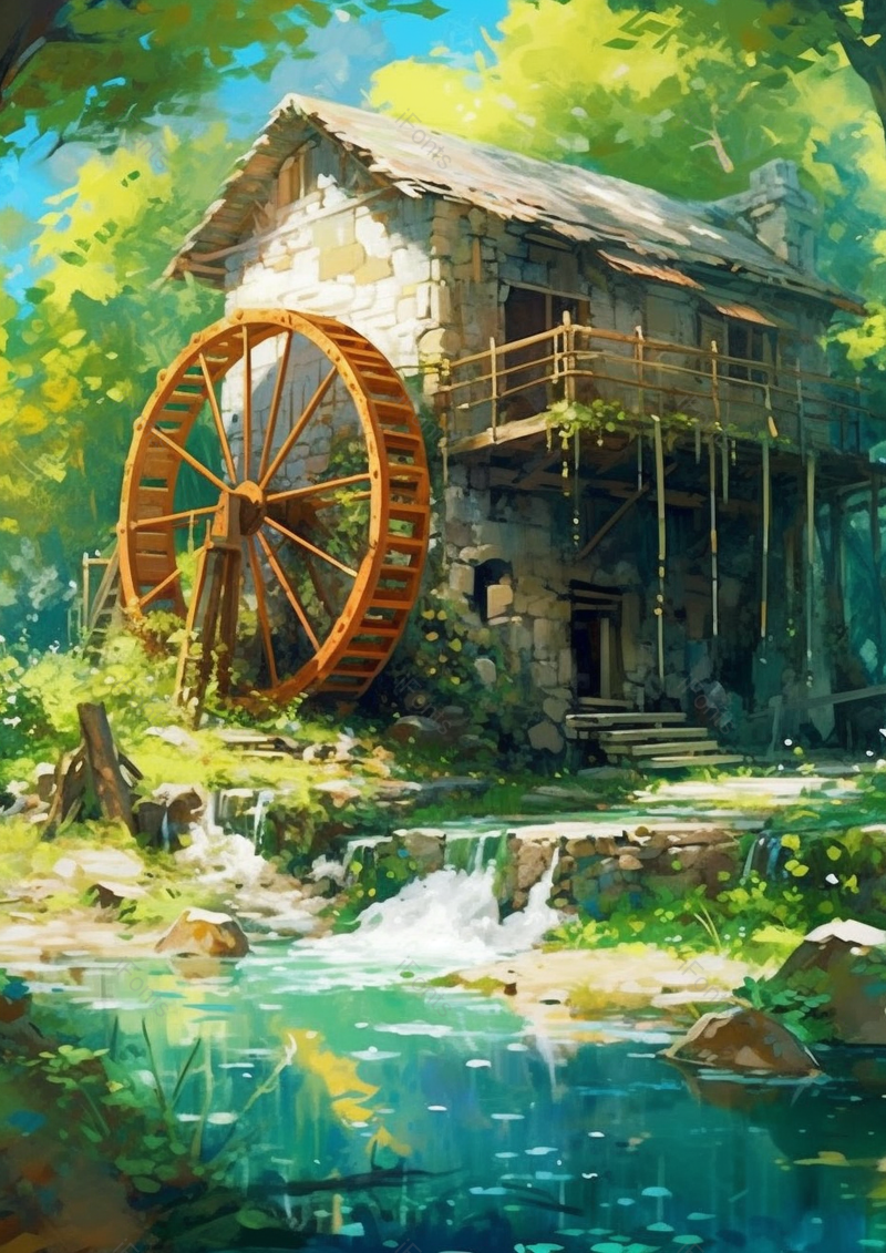 黄色水车小屋森林小溪河流池塘台阶二十四节气清新小满农家竖版绿色插画,插画/手绘图,插画/手绘图库,插画/手绘图下载,插画/手绘